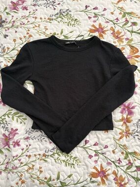ZARA Black Ribbed Mesh Long Sleeve Crop Top